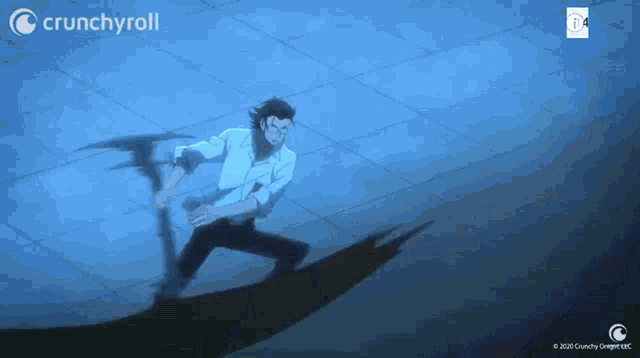 a crunchyroll ad shows a man fighting a monster