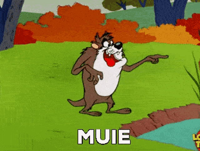 a cartoon character is pointing and the word muie is on the bottom
