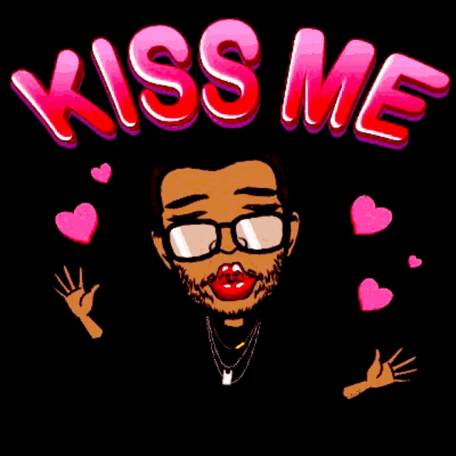 a man with glasses is surrounded by red lips and the word muah on the bottom