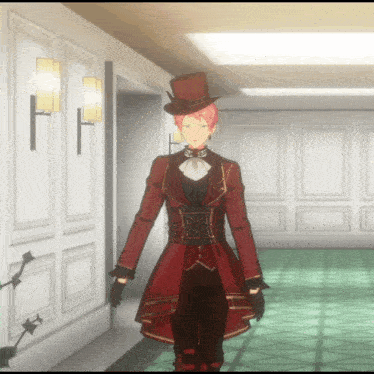 a man wearing a top hat and a red coat is standing in a hallway