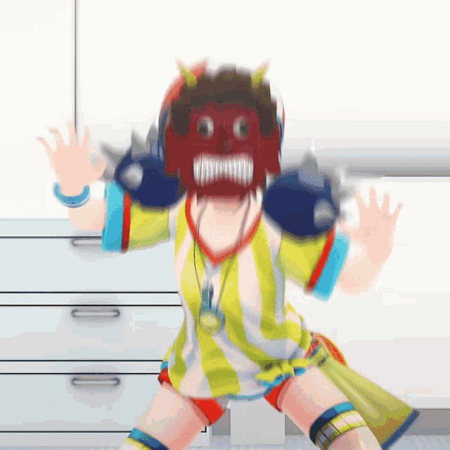 a blurry picture of a girl wearing a mask
