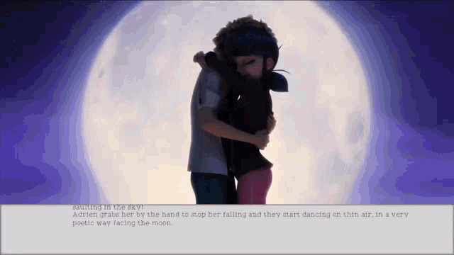 a man and woman are hugging in front of a full moon ..