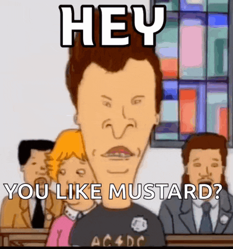 a cartoon character says hey you like mustard in front of a crowd