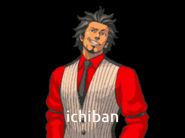 a pixel art of a man in a red shirt and tie with the word ichiban on the bottom right