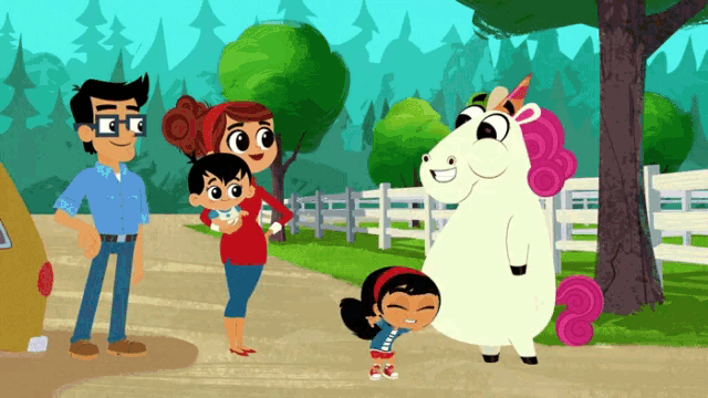 a cartoon of a family and a unicorn with a pink mane
