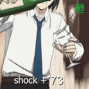 a man in a tie is holding a wine glass and a bottle of wine with the words shock + 73 below him