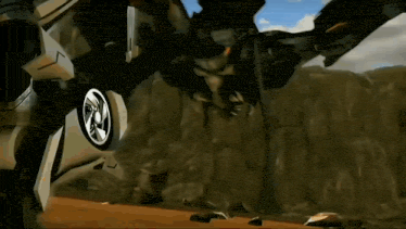 a car is being destroyed by a robot in a cartoon .