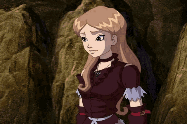 a cartoon girl with long hair and a choker