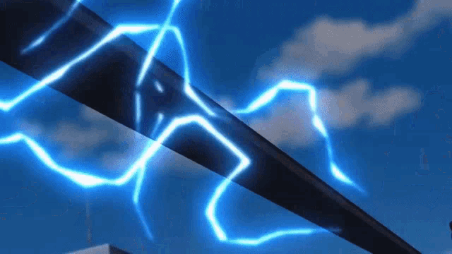 a blue lightning bolt is coming from a very long pole