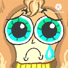 a cartoon drawing of a person with big blue eyes and a tear coming out of their eye