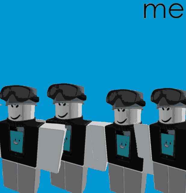 a group of roblox characters are standing next to each other with the word me above them