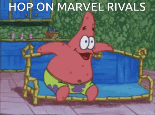 a cartoon of patrick star with his mouth open and the words hop on marvel rivals behind him