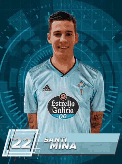 a soccer player named santi mina is wearing a blue adidas jersey