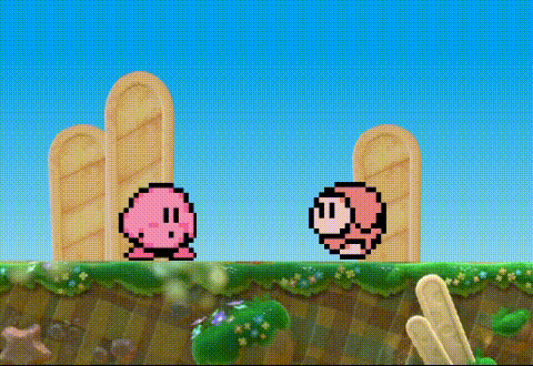 a video game screen shows two pink cartoon characters