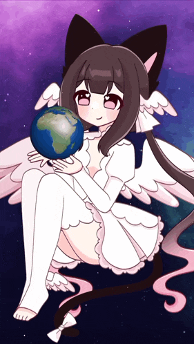 a girl in a white dress is holding a globe
