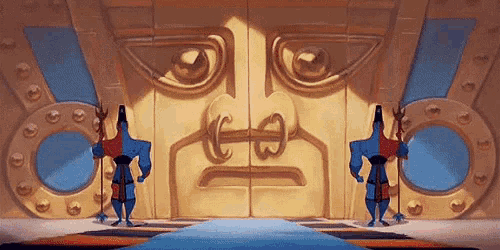a cartoon of a man standing in front of a door with a face on it .
