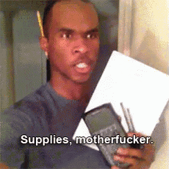 a man holding a calculator and a piece of paper with the words supplies motherfucker written below him