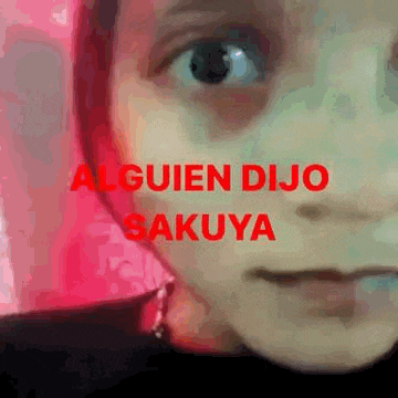a close up of a person 's face with the words `` alguien dijo sakuya '' written on it .