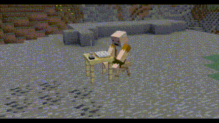 a person is sitting at a table in a snowy area in a video game .