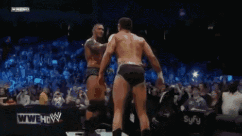 a blurry picture of a wrestling match with a w logo
