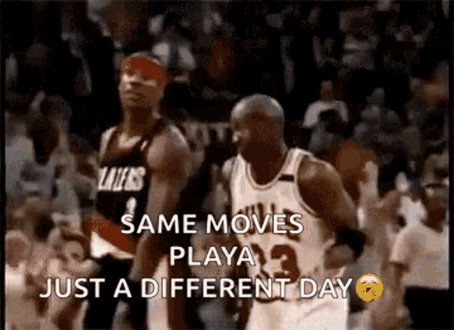 two basketball players are playing a game and one of them is wearing a number 33 jersey .