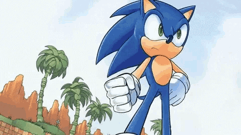 a cartoon of sonic the hedgehog standing in front of palm trees and mountains .