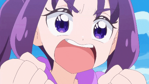 a girl with purple hair and blue eyes is making a face