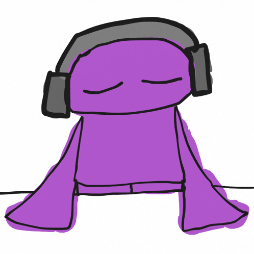 a drawing of a purple frog wearing headphones with its eyes closed