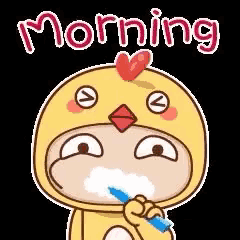 a chicken is brushing its teeth with a toothbrush .