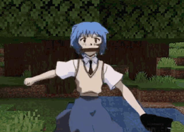 a girl with blue hair is standing in a field in a minecraft game .