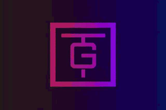 a pink and purple logo with the letter g in a square on a dark background .