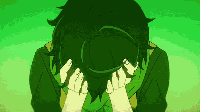 a cartoon of a person with green hair covering their face with their hands