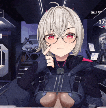a girl with white hair and red eyes is wearing glasses and a jacket with a zipper