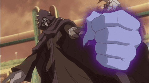 a cartoon character with a purple fist and a black cloak