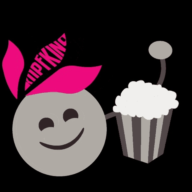 a cartoon character wearing a pink hat that says hipfking next to a bucket of popcorn