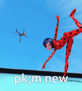 a ladybug is doing a handstand in the air while a cat noir is flying in the background