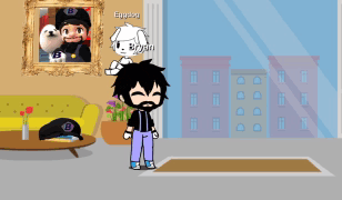 a cartoon character named bryan is standing in front of a picture