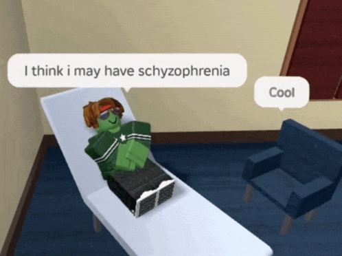 a cartoon character is laying in a chair with a speech bubble that says i think i may have schizophrenia