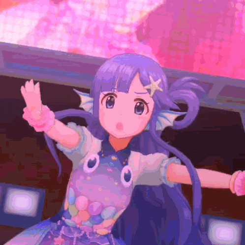 a cartoon girl with purple hair and a star on her head