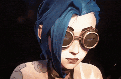 a cartoon character with blue hair and goggles on her face