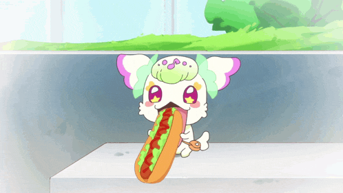 a cartoon character is eating a hot dog with ketchup and mustard on it