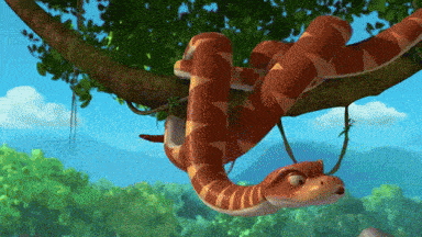 a cartoon snake hanging from a tree branch with mountains in the background