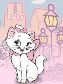a white cat with a pink bow on its neck