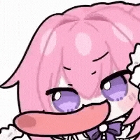 a cartoon girl with pink hair and purple eyes is eating something .