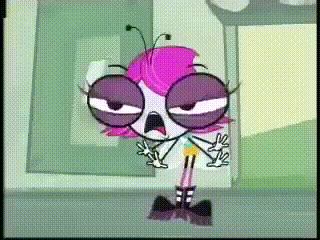 a cartoon character with pink hair is standing in front of a door .