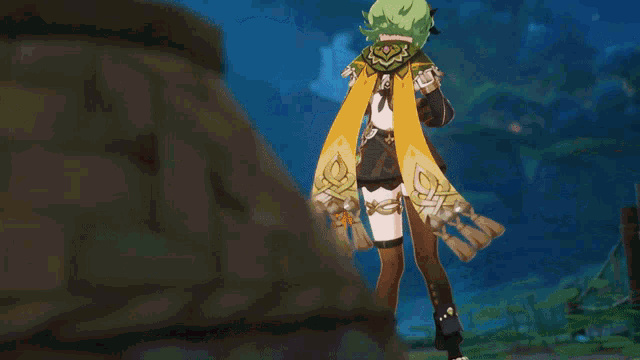 a girl with green hair is playing a flute in a video game