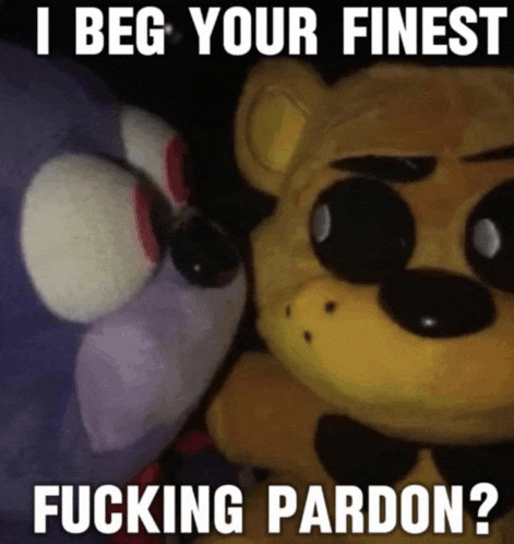 a stuffed animal with the words i beg your finest fucking pardon written on it