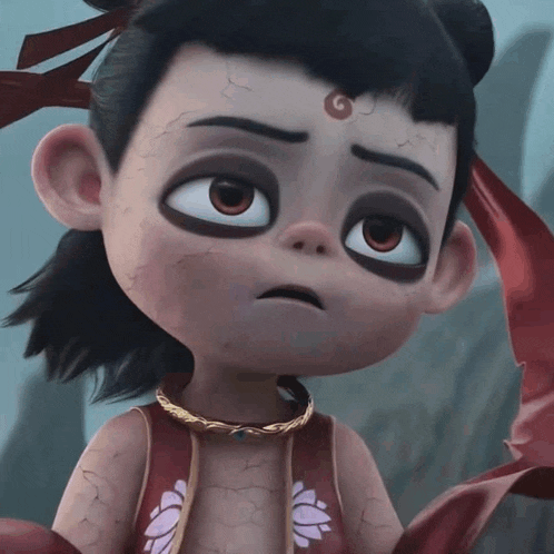 a close up of a cartoon character with black eyes and a lotus flower on his chest