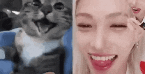 a woman is smiling next to a cat that is looking at the camera .
