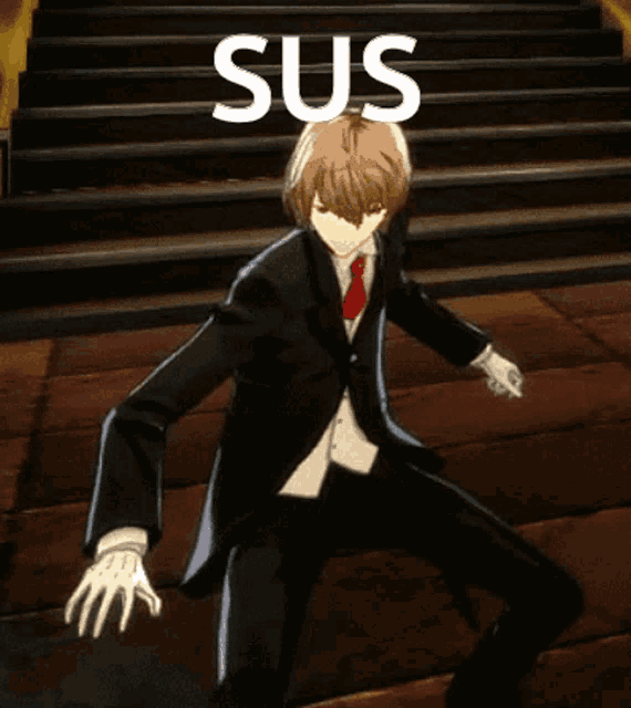 a man in a suit and tie is standing in front of a set of stairs and the word sus is above him